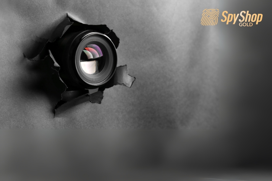 Obiektyw kamery szpiegowskiej widoczny przez dziurę w szarej ścianie, w tle rozmyty obraz. W prawym górnym rogu logo SpyShop Gold