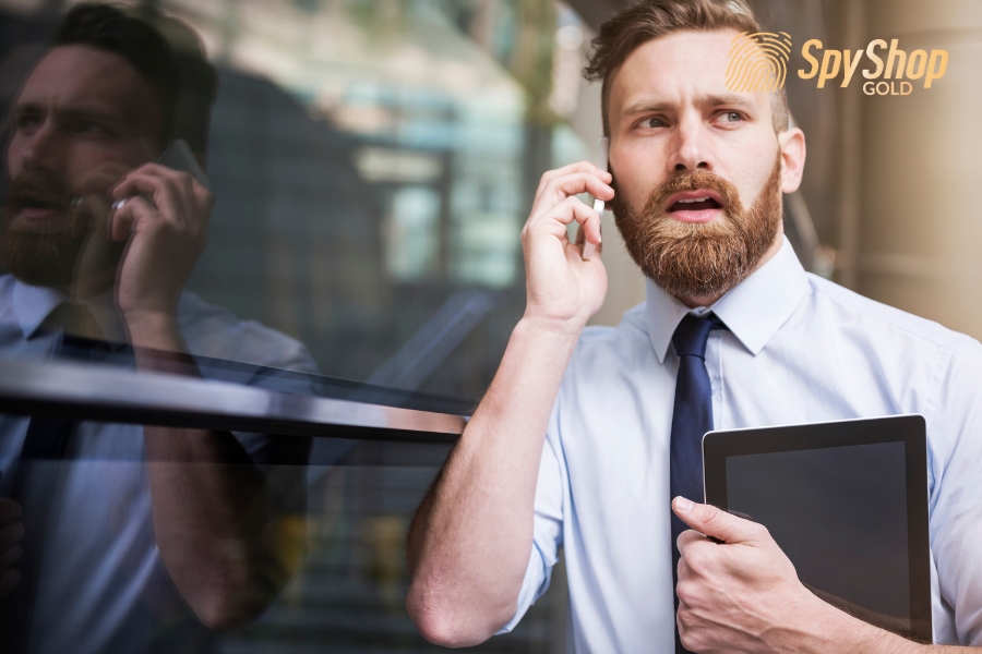 Mężczyzna rozmawiający przez telefon, trzymający tablet, z zamyśloną miną. W tle odbicie w szklanej powierzchni.